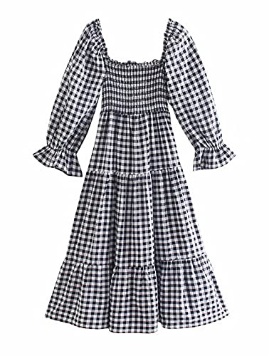 R.Vivimos Women's Summer Cotton Plaid Puff Sleeves Bow Casual Off-Shoulder Boho Midi Dress (Large, Plaid-Black)