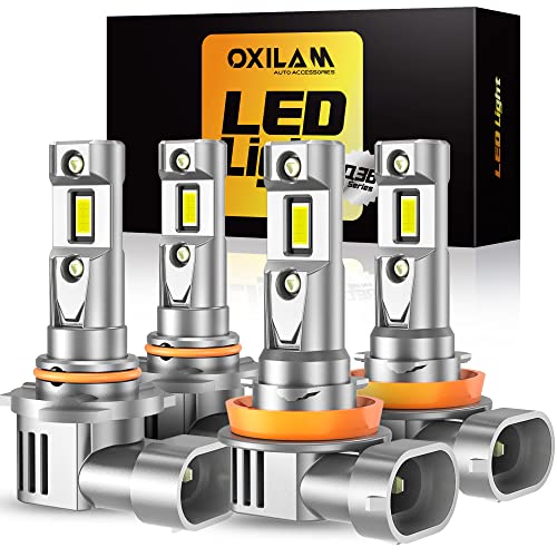 OXILAM H11 9005 LED Light Bulbs Combo, 40000 Lumens 600% Brighter 6500K Cool White Light, 1:1 Size 9005/HB3 H11/H9/H8 DRL Fog Light Halogen Replacement, Pack of 4