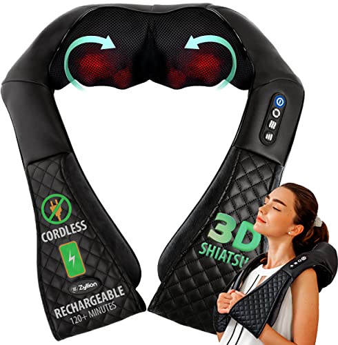 Zyllion Shiatsu Neck and Back Massager - Rechargeable 3D Kneading Deep Tissue Massage with Heat for Shoulders, Legs, Feet and Muscle Pain Relief (Cordless) - Black (ZMA-28RB-BK)