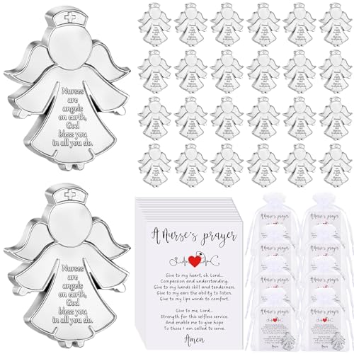 Dinifee 25 Sets 2024 Nurse Week Appreciation Gifts Included 25 Nurse Angel Shaped Pocket Token Nurses are Angels Medical Guardian with Nurse Prayer Card and Organza Bag Nurse Graduation Gift