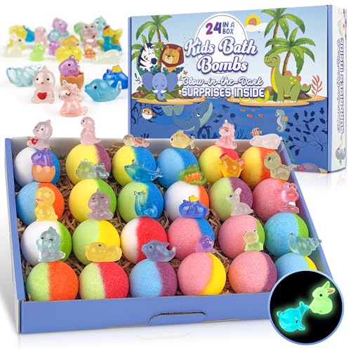 Bath Bombs for Kids, 24pcs Bath Bombs with Glow in The Dark Surprise Inside, Natural and Organic Colorful Bubble Bath Fizz for Kids, Perfect Birthday, Halloween, Or Christmas Gift for Boys and Girls!