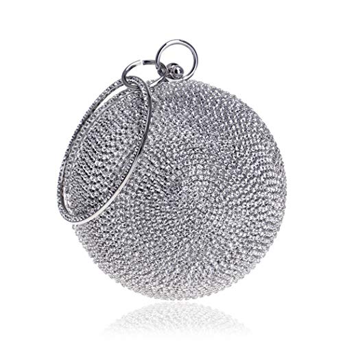 Tngan Ball Shape Clutch Purse Party Handbag Rhinestone Ring Handle Evening Bag Silvery