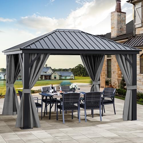 YITAHOME 10x12ft Hardtop Gazebo with Nettings and Curtains, Heavy Duty Galvanized Steel Outdoor Vertical Stripes Roof for Patio, Backyard, Deck, Lawns, Grey