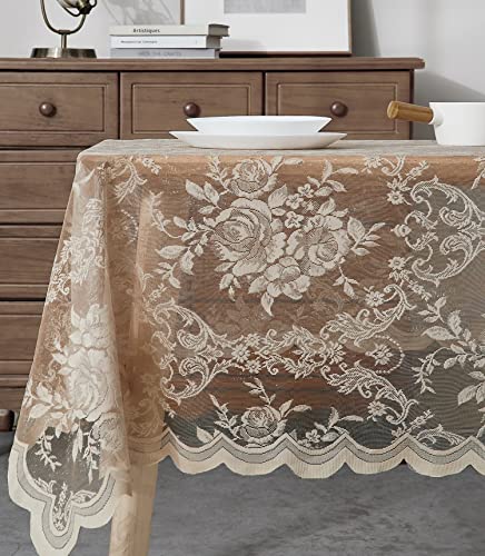 Warm Home Designs 60 x 84 Lace Tablecloth. Gold Linen Rectangle Tablecloth with English Rose Design. Rectangular Tablecloth, Rustic Tablecloth or Dining Table Cover for 6-8 Guests. LTC Linen 84'