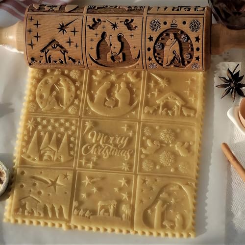 XINBADA Embossed Rolling Pins for Baking- Wooden Rolling Pin, Perfect Pastry Rolling Pin & 9-sided Christmas Jesus Pattern Cookie Molds