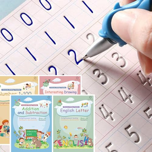 DigMonster Magic Ink Copybooks for Kids Reusable Handwriting Workbooks for Preschools Grooves Template Design and Handwriting Aid Practice for Kids The Print Writing (4 Books with Pens)