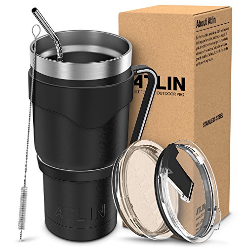 Atlin Tumbler [30 oz. Double Wall Stainless Steel Vacuum Insulation] - Black Travel Mug [Crystal Clear Lid] Water Coffee Cup [Straw + Handle Included]For Home, Office, School, Ice Drink, Hot Beverage