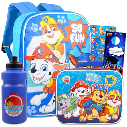 Nick Shop Paw Patrol School Backpack With Lunch Box For Kids, Boys ~ 5 Pc Bundle With 15'' Paw Patrol School Bag, Water Pouch , 300 Stickers, And More | Paw Patrol School Supplies