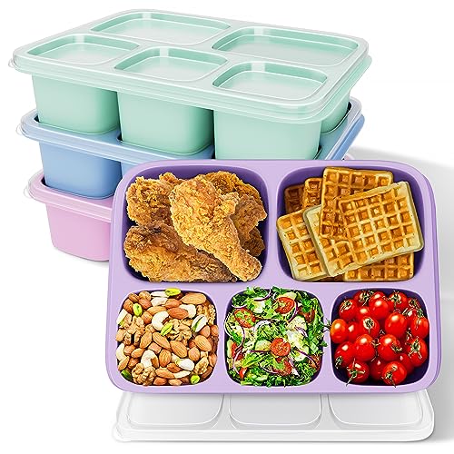 Mosville Bento Snack Containers, 4 Pack Lunchable Container with 5 Compartments for Adults On-the-Go Meals [Portion Control], Reusable Bento Lunch Box BPA-Free