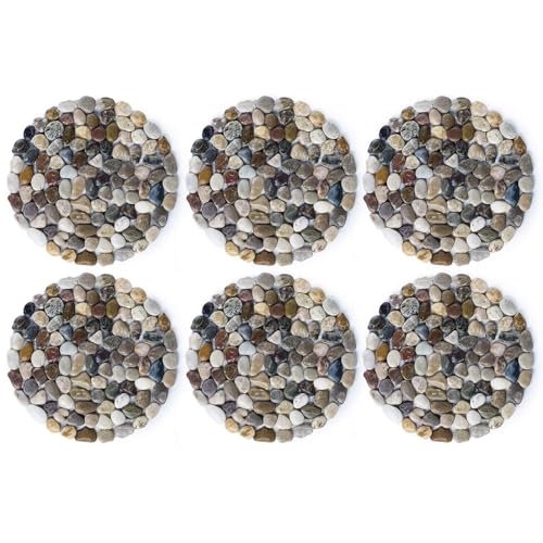 SUNFACE 6 Pcs River Rock Stepping Stones Outdoor 10 inch Diameter Round Shape Paver Step Stones Polished Pebble River Stone Mat for Yard Lawn Patio Pathway Walk Way