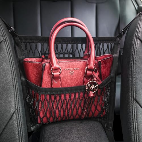 AMEIQ Car Accessories, Car Organizer Storage Between Front Seats, Car Purse Holder, Handbag Holder of 3 Layers Mesh Net Pocket Bag, Backseat Dog Pet Barrier, Patented