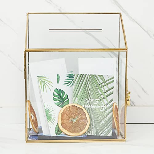 HighFree Large Glass Wedding Card Box with Slot & Lock, Handmade Brass Gold Geometric Terrarium, Clear Display Box for Wedding Reception, Decor, Keepsake (9.3x4.5x11.8 in)