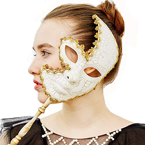 YU FENG Venetian Mask On a Stick Mardi Gras Mask for Women Masquerade Party Prom Ball (White) Halloween/Chrismas Cosplay