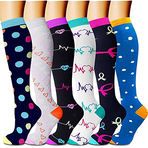 CHARMKING 6 Pairs-Compression Socks for Women & Men Circulation Best Support for Nurses, Running, Athletic,Flight Travel (Multi 15,L/XL)