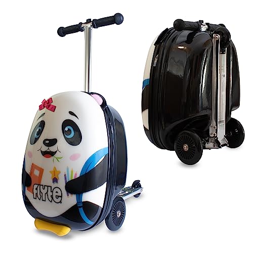 Flyte Scooter Suitcase Folding Kids Luggage – Penni the Panda, 18 Inch Hardshell, Ride On with Wheels, 2-in-1, 25 Litre Capacity
