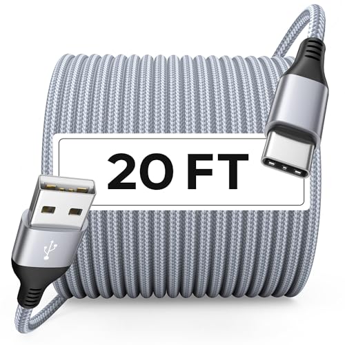 20FT/6M Extra Long USB Type C Cable, USB A to USB C Cable, USB Type C Cable Fast Charging, Premium Durable Nylon Braided Charging Type C Cord Compatible with Moto LG Pixel and More USB-C Device, Gray