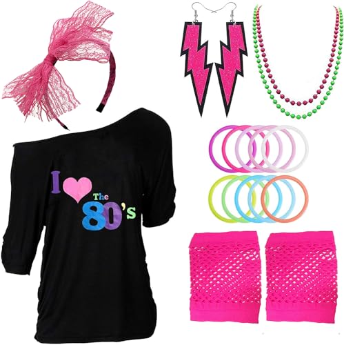 Z-Shop 80s Outfits Costume Accessories for Women - I Love 80's Print Off Shoulder T-Shirt,Lace Headband Necklace Bracelet Gloves for 80s Costumes,Hot Pink,XXL