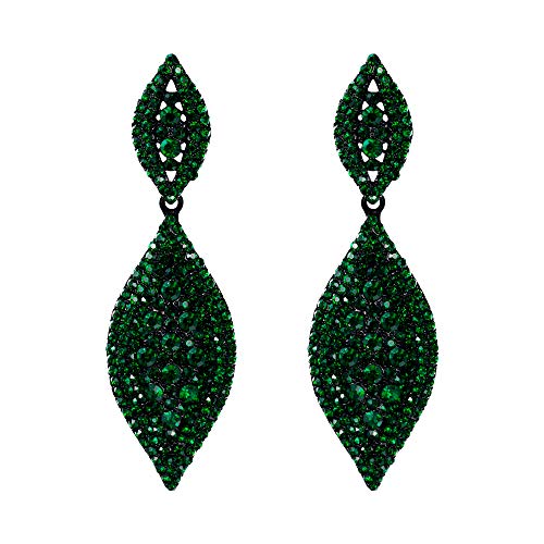 Flyonce Women's Rhinestone Crystal Wedding Bridal 2 Leaf Drop Dangle Chandelier Earrings Black-Tone Green