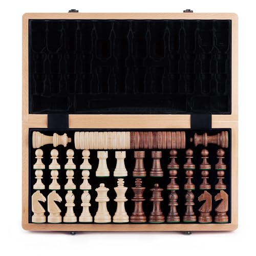 A&A 15 inch Wooden Folding Chess & Checkers Set w/ 3 inch King Height Staunton Chess Pieces / 2 Extra Queens / 2 in 1 Board Game