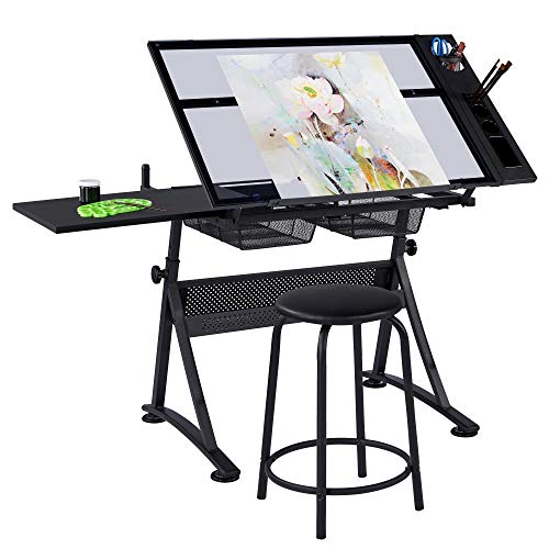 Yaheetech Drawing Table, Art Craft Desk with Adjustable Tabletop, Painters/Artist Work Station, Study Table with Stool, Tempered Glass Top