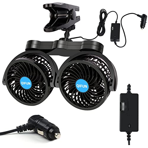 QIFUN Car Fan Adjustable Dual Head 12v Fan, 4 Inches Car Clip Fan for Front/Rear Seat Passenger, 360° Rotatable Car Essentials Car Cooler Fan with Stepless Speed Regulation for Car/Vehicle SUV, RV