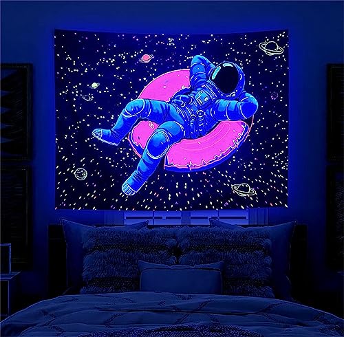 Blacklight Space Astronaut Tapestry for Men Guys Bedroom Galaxy Planet Cool Posters Fantasy Decor Funny UV Reactive Art Wall Hanging for Living Room Dorm Decorations (51'×60')