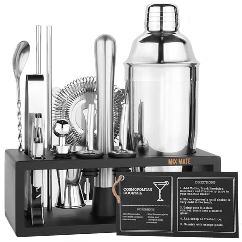 Mixology Bartender Kit with Stand - 15 Piece Bar Tool Set, Silver Bar Set Cocktail Shaker Set for Drink Mixing - includes Martini Shaker, Jigger, Strainer, Bar Mixer Spoon, Tongs, Opener | Gift Idea