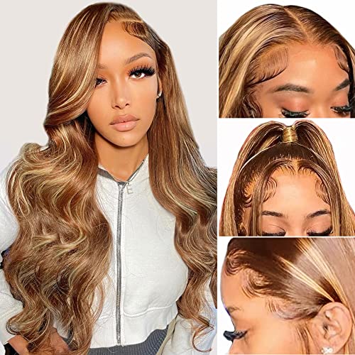 XNJ 24 Inch Highlight Ombre Lace Front Wig Human Hair Pre Plucked 13x4 HD Transparent 5/27 Honey Blonde Lace Frontal Wigs with Baby Hair 150% Density Colored Body Wave Lace Front Wig Human Hair