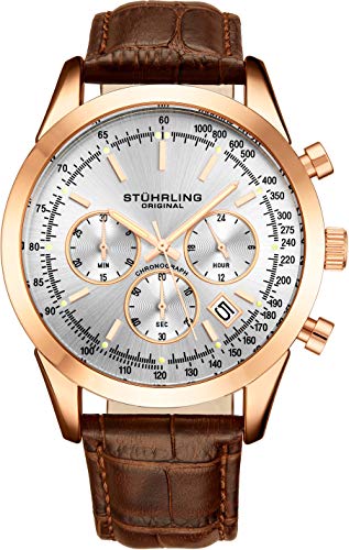 Stuhrling Original Mens Watches Chronograph Analog Silver Dial with Date Rose Gold Steel Case Tachymeter 24-Hour Subdial Mens Brown Leather Strap