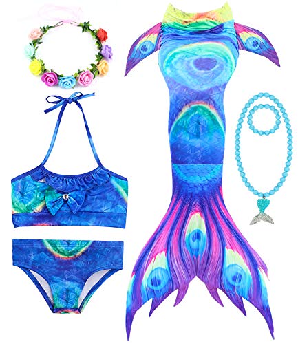 FUNPARTY 6Pcs Girls Swimsuit Mermaid Tails for Swimming Princess Bikini Bathing Suit Set (7-8Years, Blue & Purple)