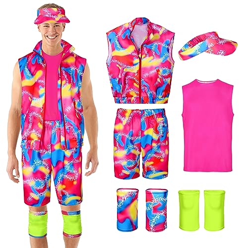 Cosrea 80s Costume for Men 80s 90s Workout Outfits Party Clothes Sportswear Tank top Vest Sun Visor Kneepad Halloween Cosplay