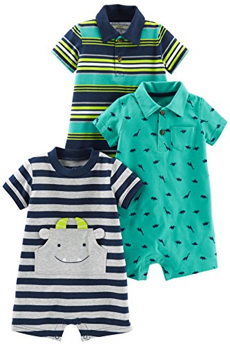 Simple Joys by Carter's Baby Boys' Rompers, Pack of 3, Green Dinosaur/Navy Stripe/Yellow Stripe, 12 Months