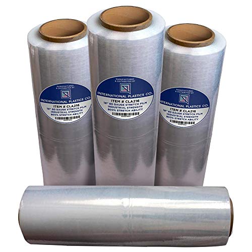 International Plastics Co. 18' Stretch Film/Wrap 1500 feet 7 Layers 80 Gauge Industrial Strength up to 800% Stretch 20 Microns Clear Durable Adhering Packing Moving Heavy Duty Shrink Film Box of 4
