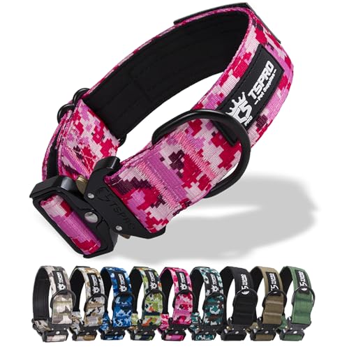 TSPRO Premium Camo Dog Collar with USA Flag Patch Thick Dog Collar Adjustable Dog Collar Heavy Duty Quick-Release Metal Buckle Dog Collar for Small or Medium to Extra Large Dogs(Camo Pink-L)