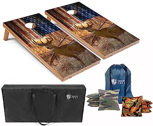 Tailgating Pros Cornhole Board Set w/Bean Bags and Carrying Case - 4'x2' Corn Hole Toss - Tournament and Lightweight Options - Optional LED Lights (Deer/American Flag)