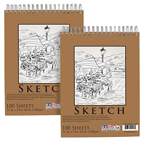 U.S. Art Supply 11' x 14' Top Spiral Bound Sketch Book Pad, Pack of 2, 100 Sheets Each, 60lb (100gsm) - Artist Sketching Drawing Pad, Acid-Free - Graphite Colored Pencils, Charcoal - Adults, Students
