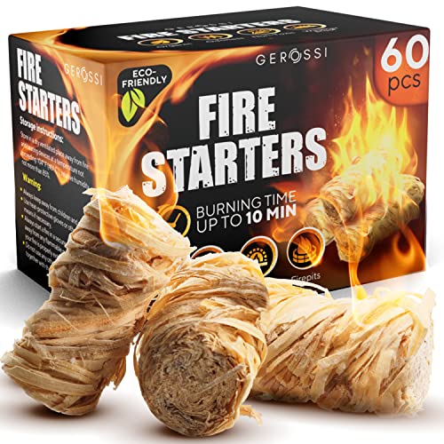 Fire Starter - Natural Pine Fire Starters for Fireplace, Campfires, Grill, Wood & Pellet Stove, Chimney, Fire Pit, BBQ, Smoker - 60 Pack w/10 Min Burning Time - All Weather & Odorless Firestarter