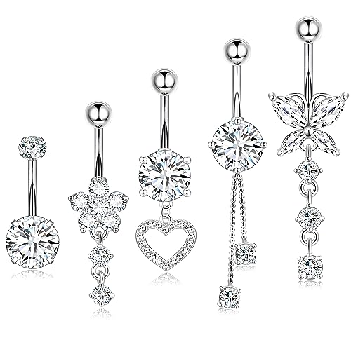 Leocuci Surgical Stainless Steel Dangle Belly Button Rings for Women Belly Ring Dangling Piercing Jewelry with Heart Flower Butterfly Silver 14G