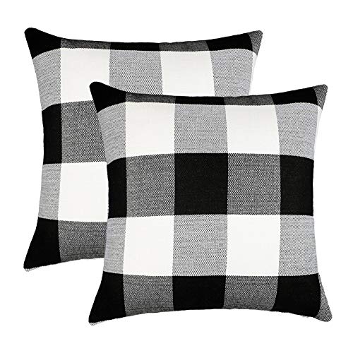 4TH Emotion Set of 2 Farmhouse Buffalo Check Plaid Throw Pillow Covers Cushion Case Polyester Linen for Fall Home Decor Black and White, 18 x 18 Inches