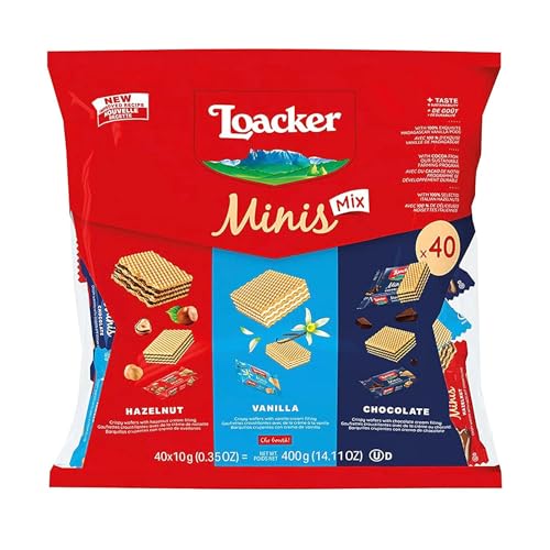 Loacker Minis Wafer Variety Pack - 30% Less Sugar - Premium Assorted Cream Filled Wafer Cookies - Mix of Hazelnut, Chocolate and Vanilla Crispy Wafers - NON-GMO - Sustainably Sourced Ingredients - 10g/0.35oz, 40 Individually Wrapped Snack Packs (mix)