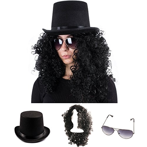 Tigerdoe Rockstar Costume - 80s Costumes for Men - Heavy Metal Wig - (3 Pc Set) (Black Wig, Top Hat, Aviators)