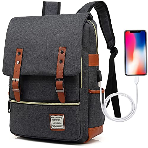 UGRACE Vintage Laptop Backpack with USB Charging Port, Elegant Water Resistant Travelling Casual Daypacks College Shoulder Bag for Men Women, Fits up to 15.6Inch Laptop in Black