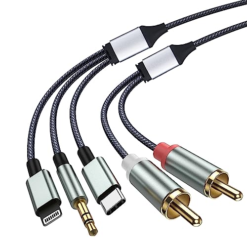 Lightning to RCA Stereo Cable, with USB C and 3.5mm Jack 2-Male Audio Aux Y Splitter Adapter, 3 in 1 Audio Cable for Select iPhone, iPad and iPod Models and Home Theater, Speaker, Power Amplifier, Car