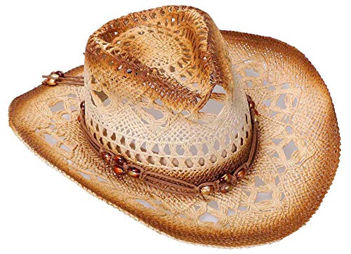 Livingston Men & Women's Woven Straw Cowgirl Hat Western Cowboy Hats for Women Brown Cowboy Hat, Bead Brown