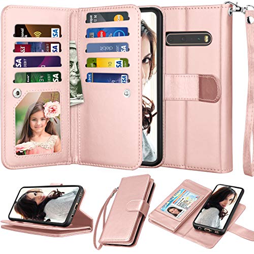 Njjex Compatible with LG V60 ThinQ 5G Case/LG G9 ThinQ/LG V60 ThinQ Wallet Case, [9 Card Slots] PU Leather ID Credit Holder Folio Flip [Detachable] Kickstand Magnetic Phone Cover & Lanyard [Rose Gold]