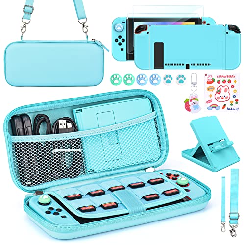 Younik Switch Accessories Bundle, 15 in 1 Blue Switch Accessories Kit for Girls Include Switch Carrying Case, Adjustable Stand, Protective Case for Switch Console & J-Con(Blue)