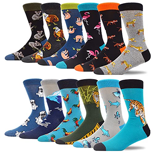 MAKABO Men's Colorful Novelty Patterned Crew Socks, 12 Pack Multicolor Animal, Size 10-13