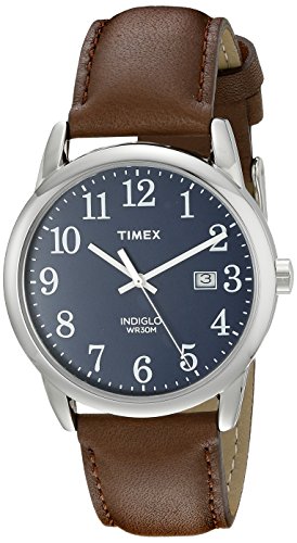 Timex Men's Easy Reader 38mm Watch – Silver-Tone Case Blue Dial with Brown Leather Strap