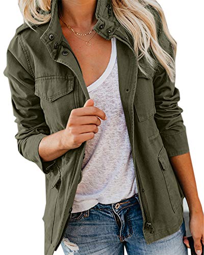 Soulomelody Womens Military Anorak Jacket Zip Up Snap Button Parka Safari Utility Coat Outwear with Pockets