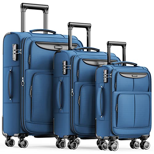 SHOWKOO Luggage Sets 3 Piece Softside Expandable Lightweight Durable Suitcase Sets Double Spinner Wheels TSA Lock Sky Blue (20in/24in/28in)